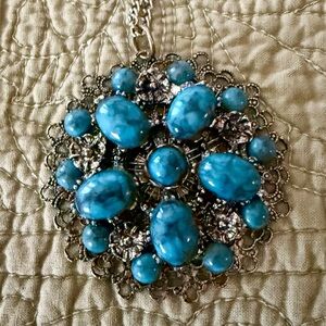 Vintage Blue and Silver Pendant Statement Necklace